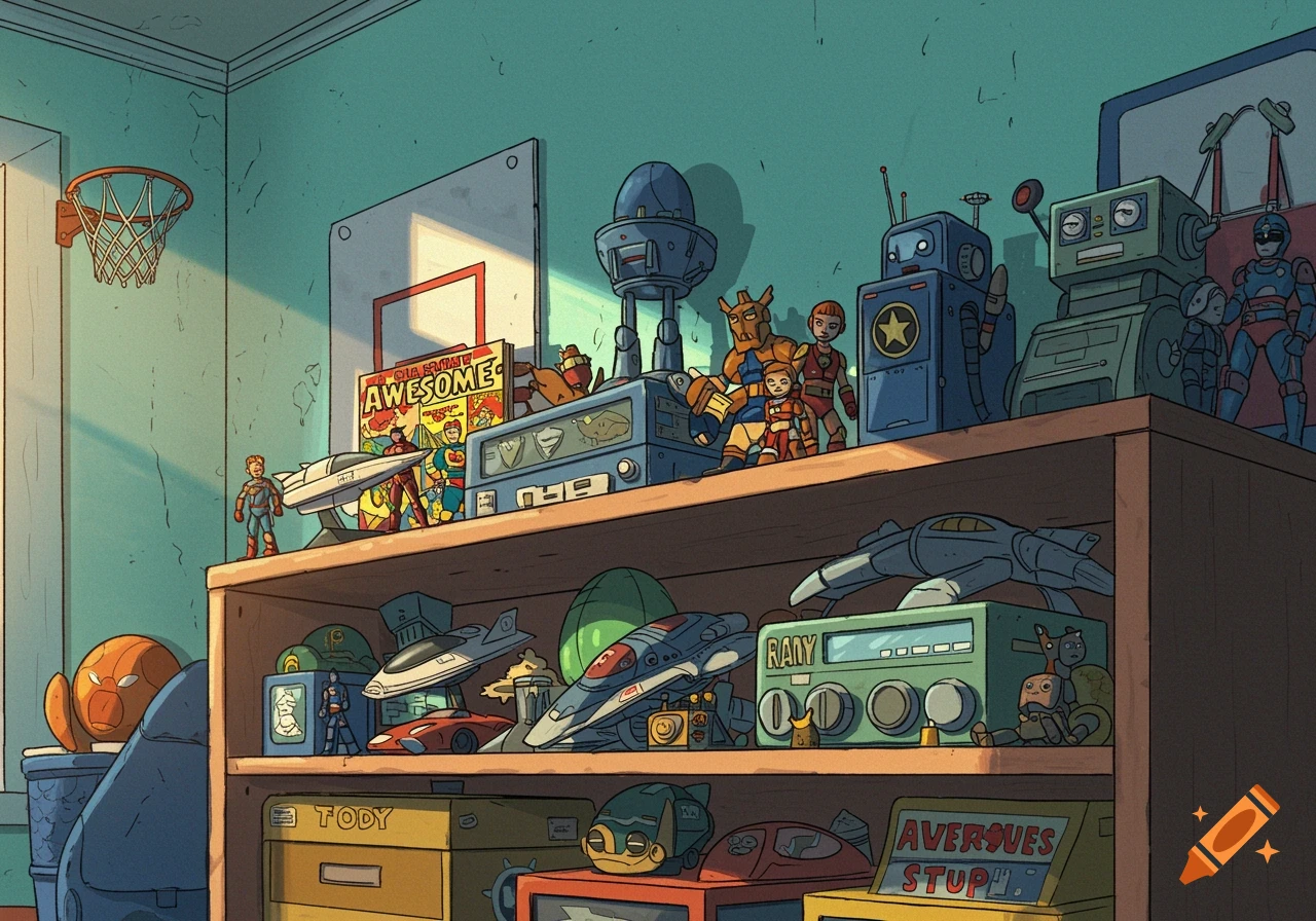 A cartoon illustration of a shelf filled with various retro toys, robots, and action figures in a child's room.