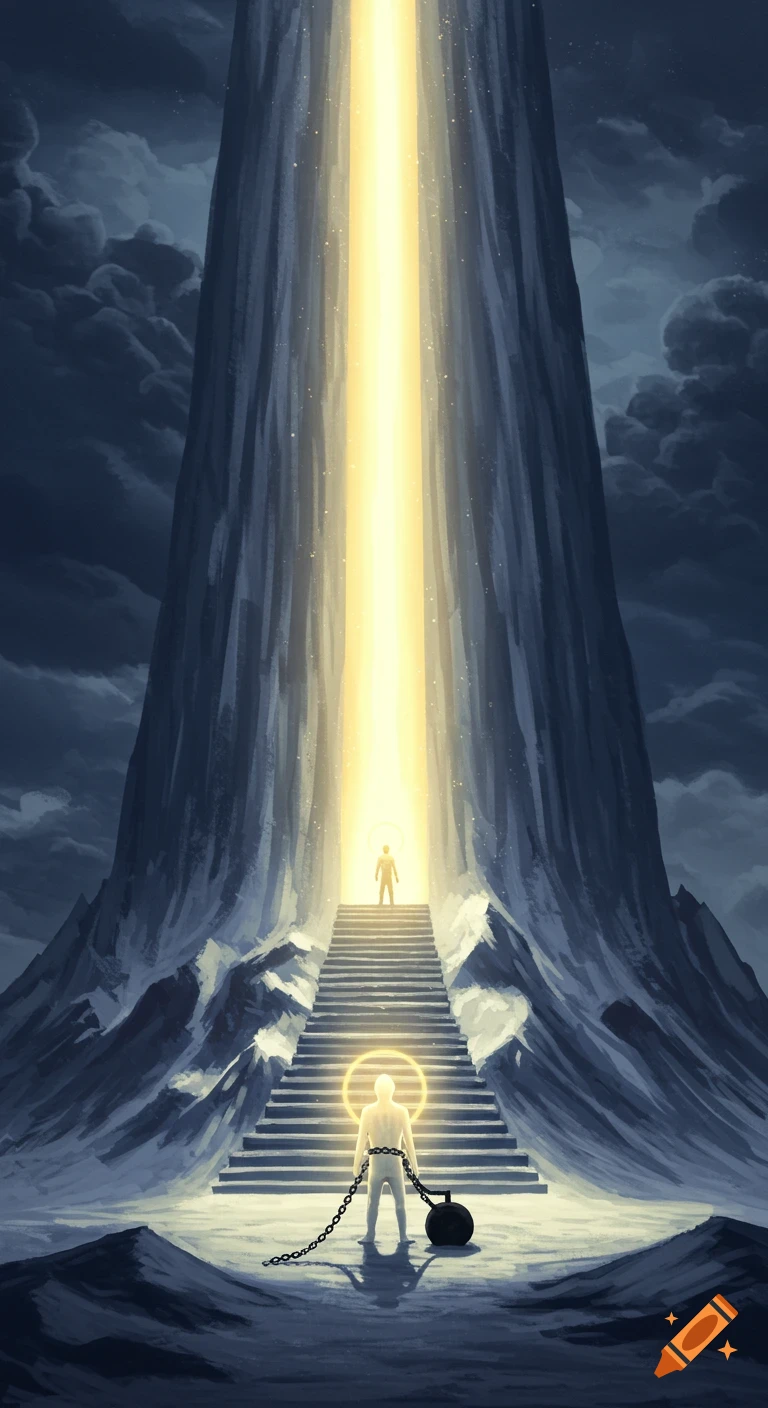 A glowing figure with a chain and weight stands on the first step of a long staircase leading up a tall, dark mountain towards a bright, golden beam of light where another figure waits.