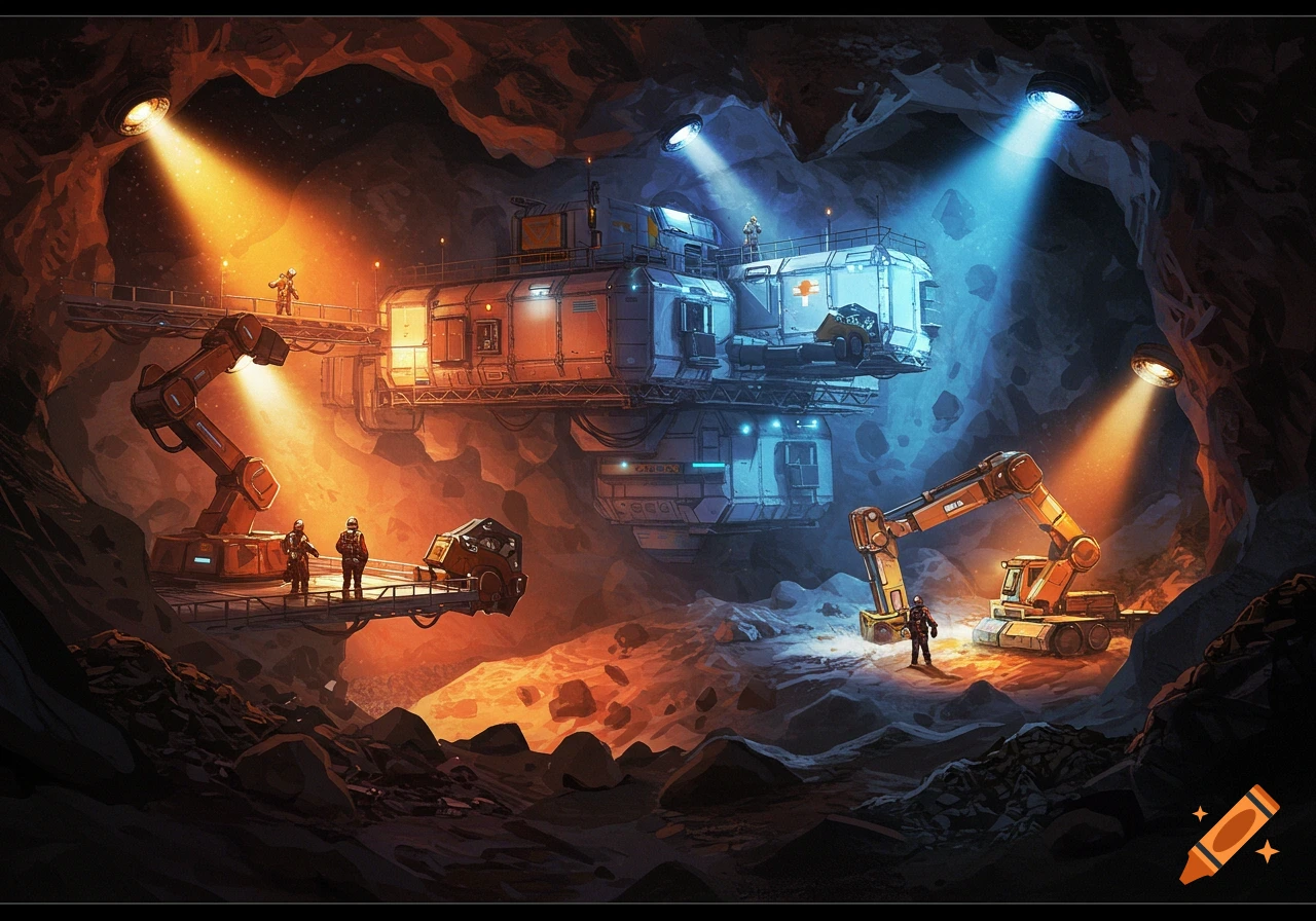 Detailed sci-fi illustration of a mining colony inside a cavern, with modular buildings, machinery, and workers lit by orange and blue lights.