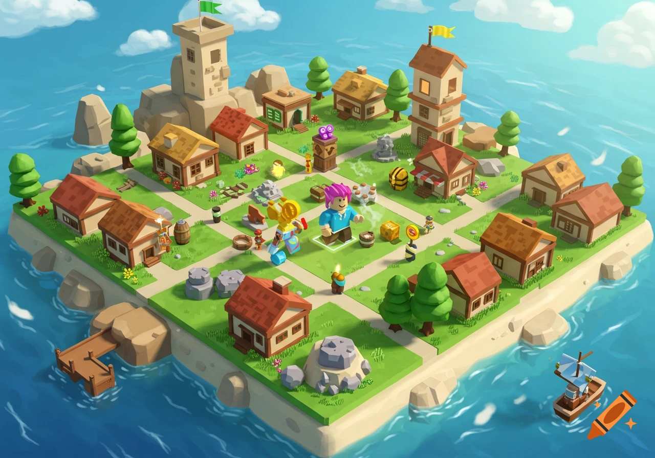 Isometric cartoon island with a Roblox-style character, houses, and game elements.