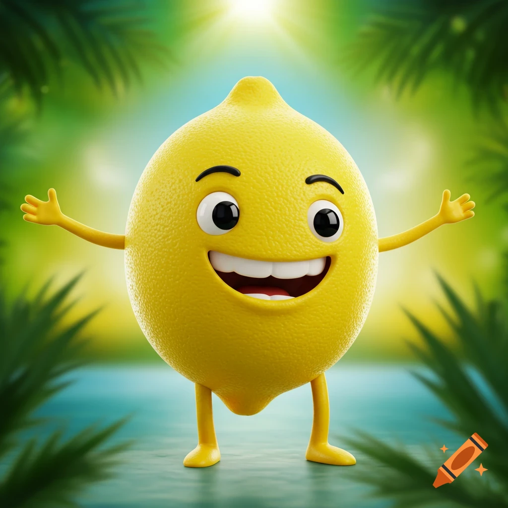 A happy 3D cartoon lemon character stands with arms open in a vibrant, sunny green and blue tropical setting.