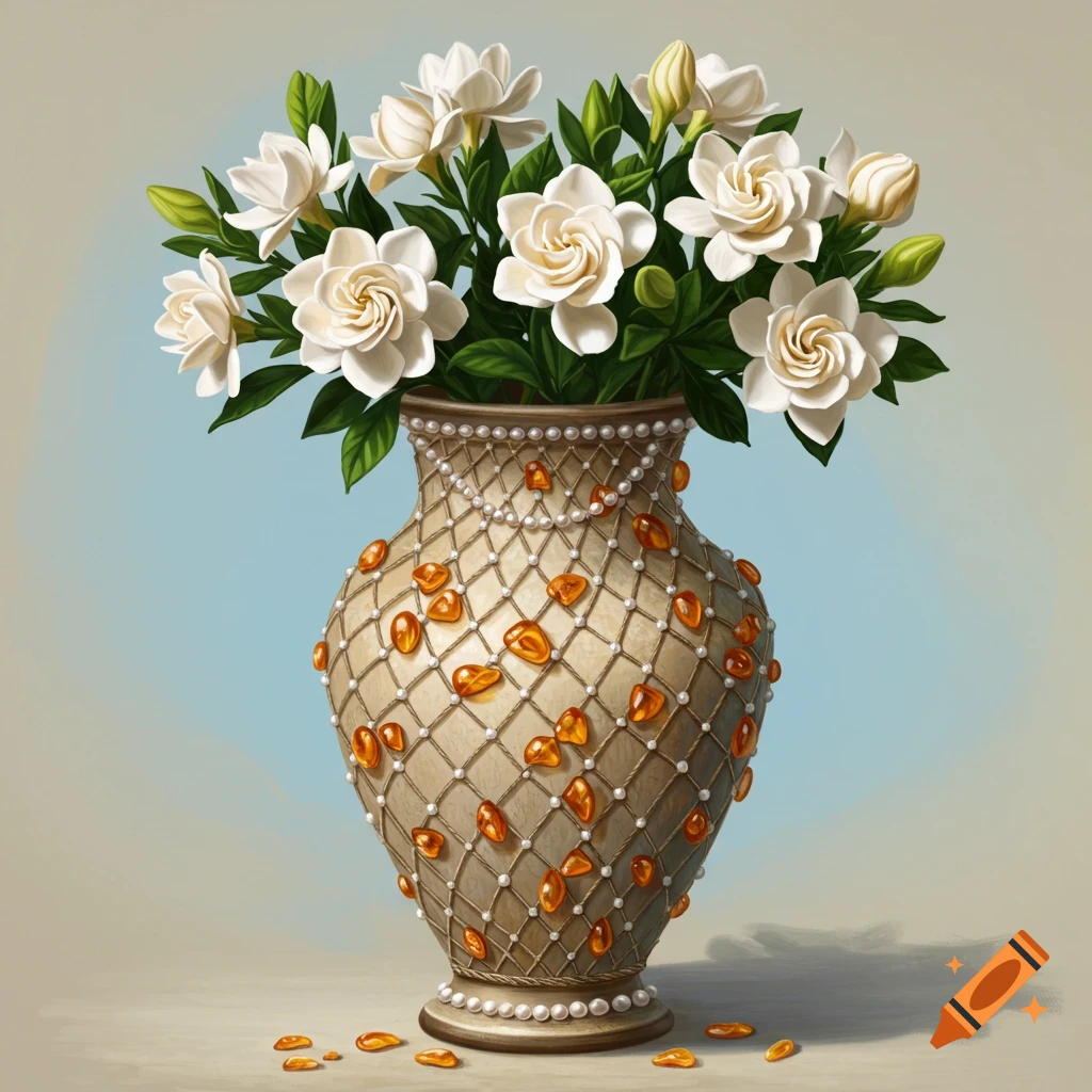 A decorative vase filled with white gardenia flowers and green leaves, adorned with pearls and amber pieces, on a light background.