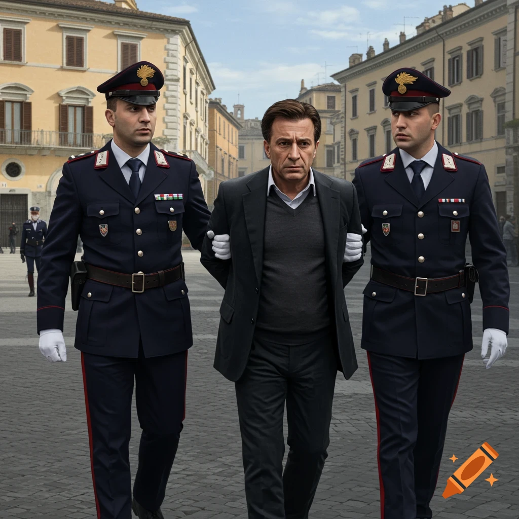 Two police officers escorting a man in a suit down a photorealistic city street.
