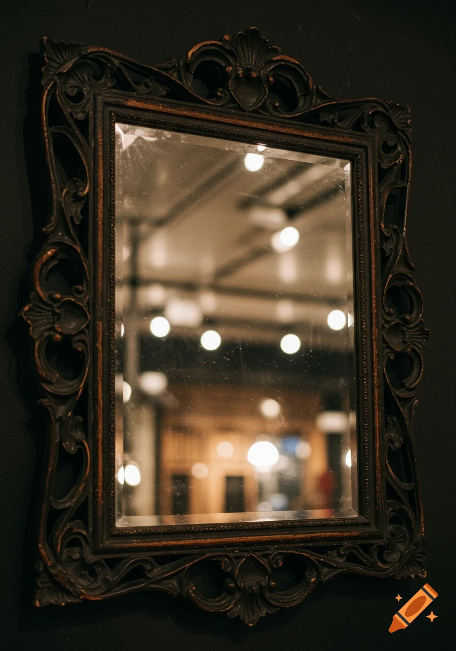 An ornate dark-framed mirror hangs on a dark wall, reflecting blurred ceiling lights and a warm-toned room.