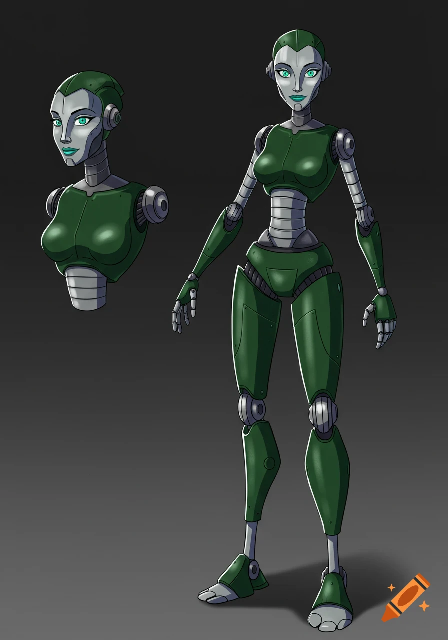Full body and bust view of a green and silver female robot character in a cartoon art style.