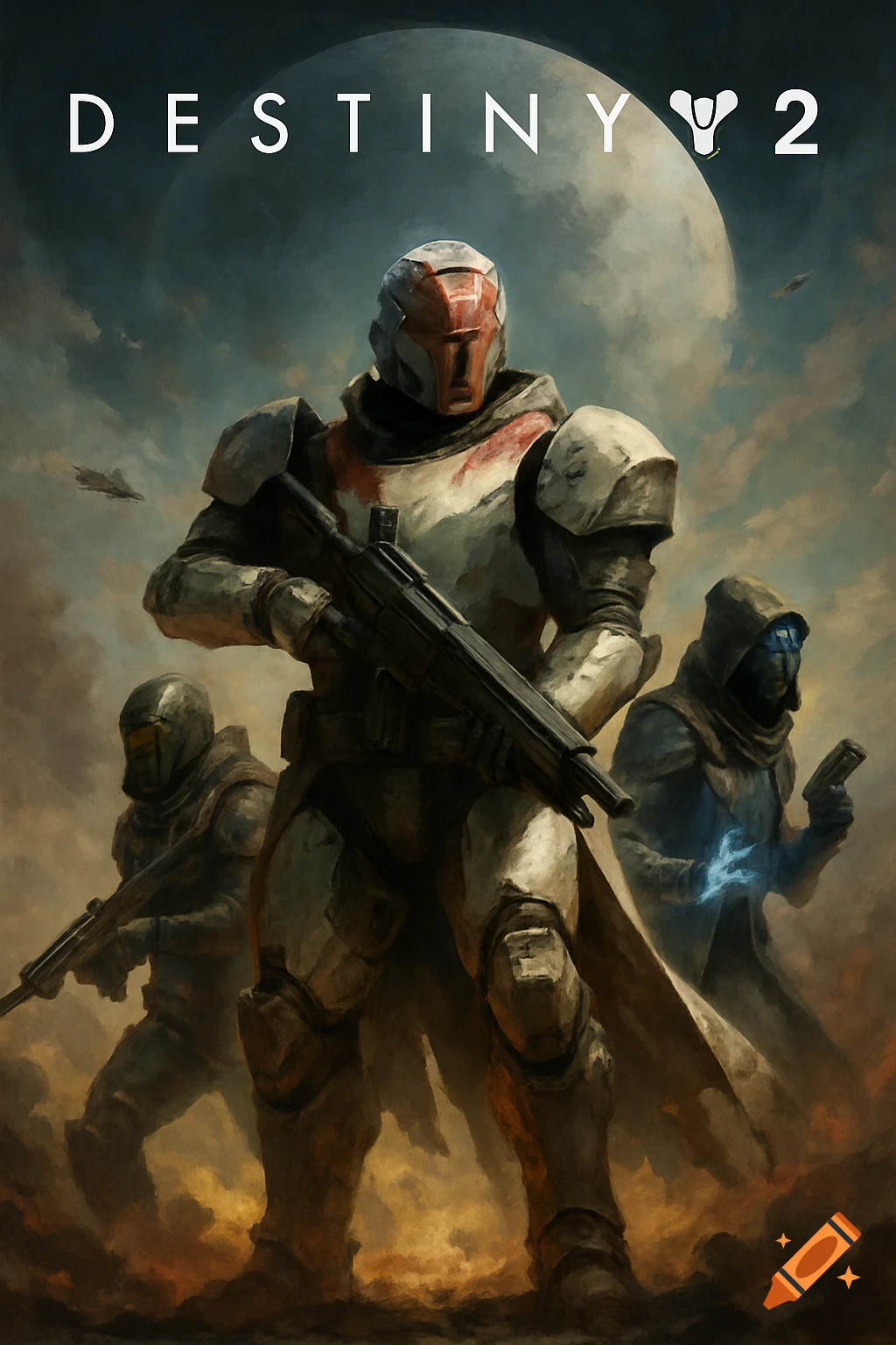 Digital painting of three armored sci-fi figures with weapons under a large moon, with the title 'DESTINY 2'.