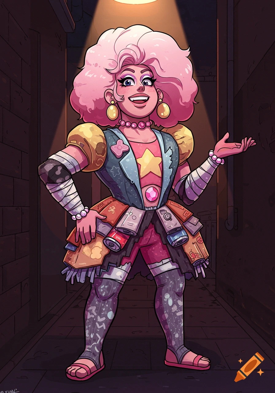 Cartoon of Steven Universe in drag, wearing an elaborate outfit made of trash and cans, standing in a dark alley illuminated by a spotlight.