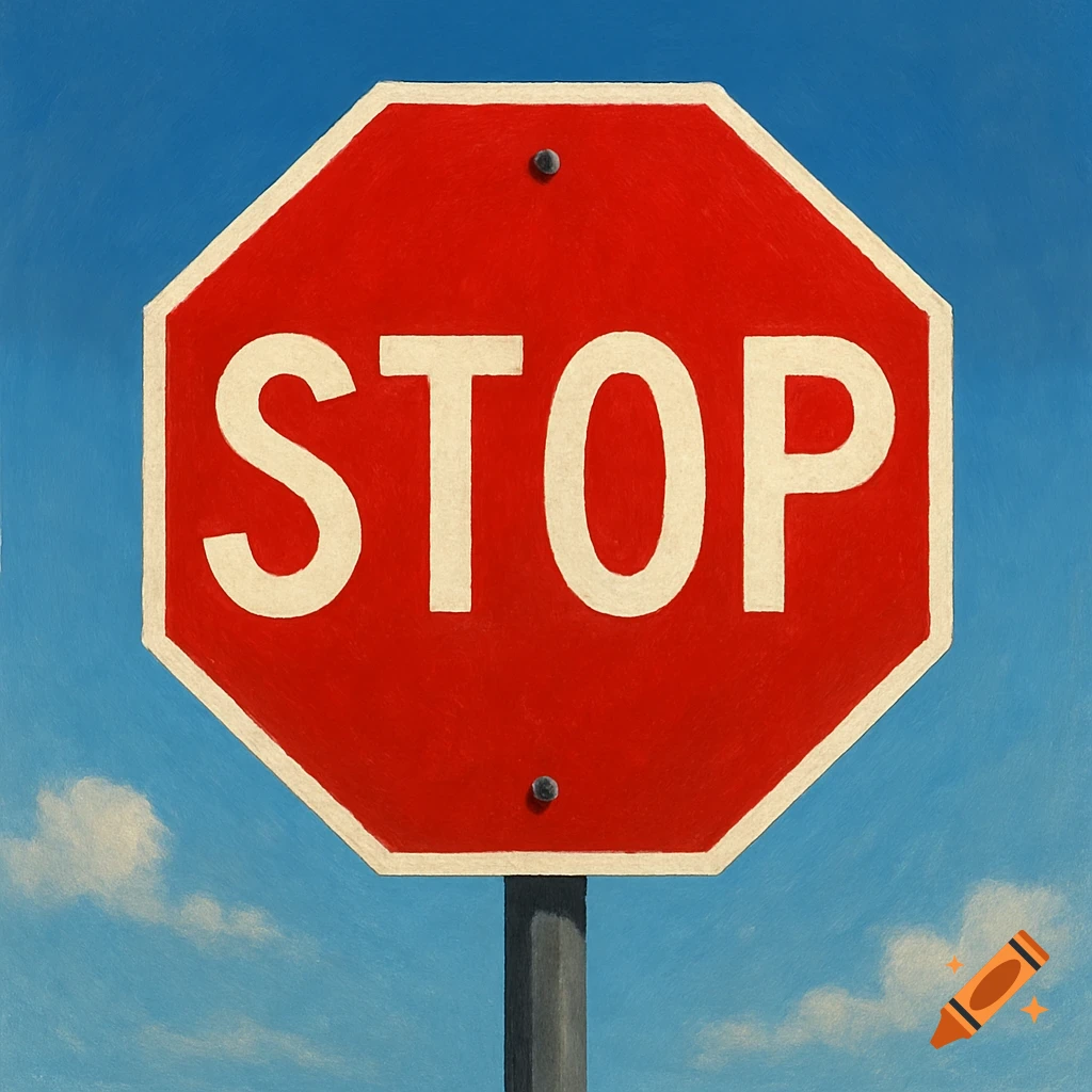 Red stop sign with white text against a clear blue sky with some clouds, painted style.