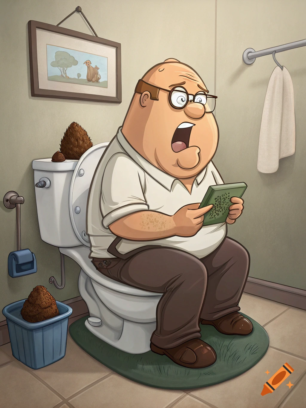 A cartoon man resembling Peter Griffin sits on a toilet in a bathroom, looking shocked while holding a tablet, with large brown piles on the toilet tank and in a nearby bin.