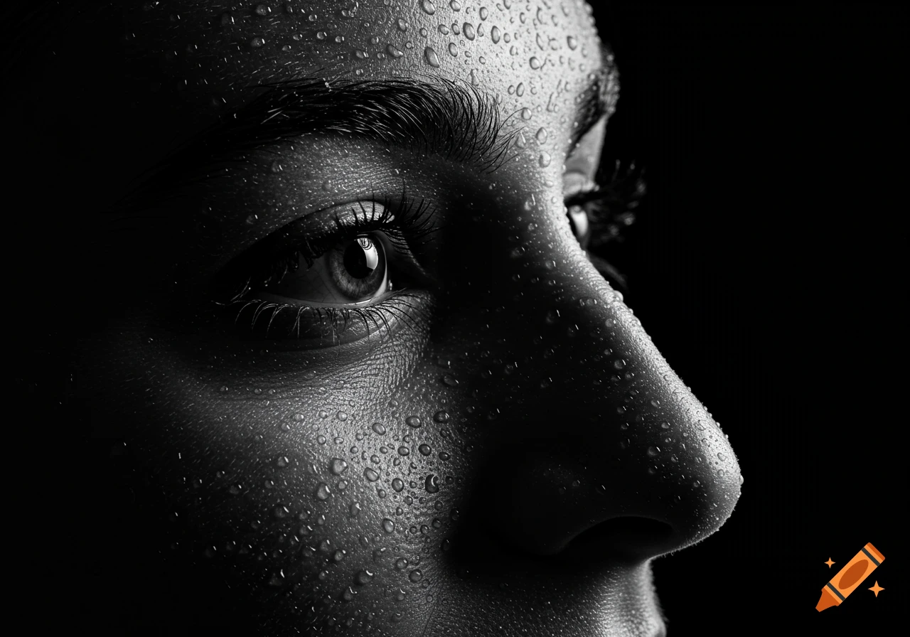 A high-contrast black and white close-up of a person's face, covered in many small water droplets, with a sharp focus on the eye and forehead.