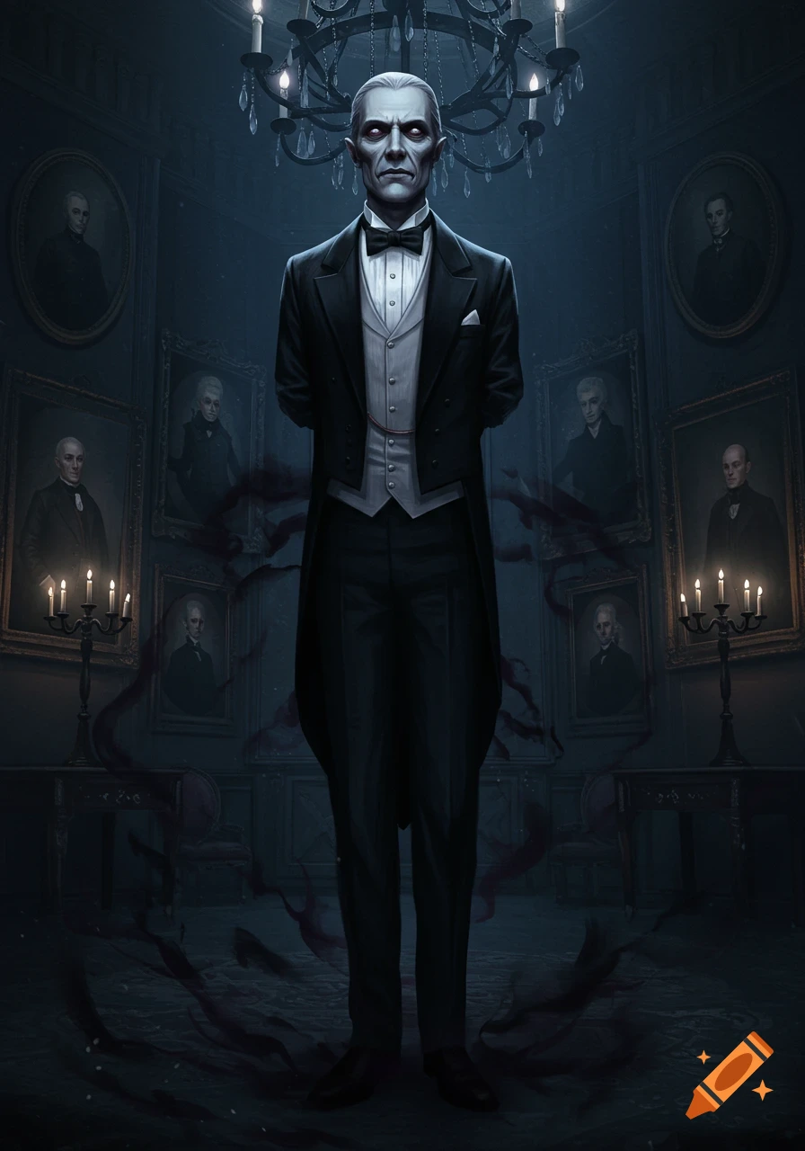 A sinister-looking psychic vampire butler stands in a dark gothic mansion hall surrounded by portraits.