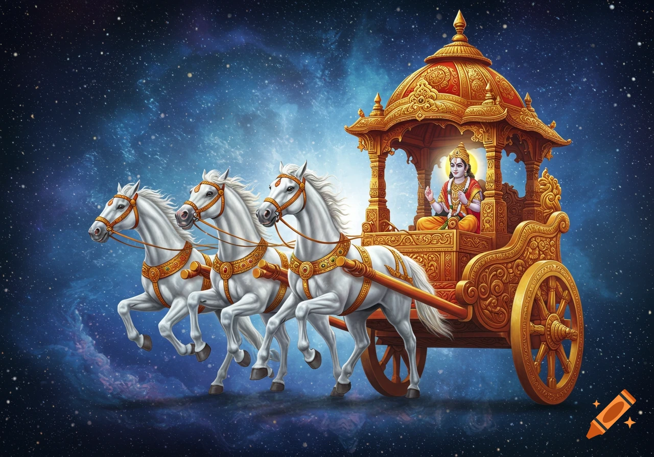 A divine figure in a golden chariot pulled by three white horses, soaring through a cosmic, starry sky in an illustrative style.
