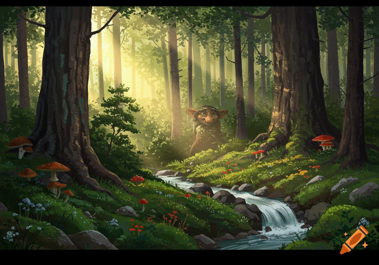 A fantasy illustration of a Norwegian troll in a sunlit forest with a stream, trees, and mushrooms, in 1950s style.