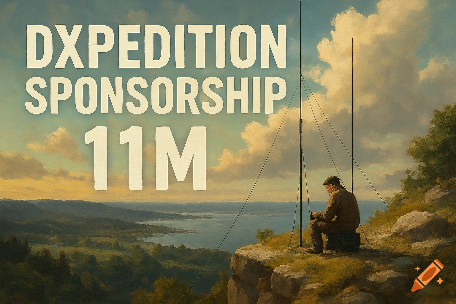 A man operates a radio antenna on a cliff overlooking a lake and mountains under text 'DXPEDITION SPONSORSHIP 11M' in a painterly style.