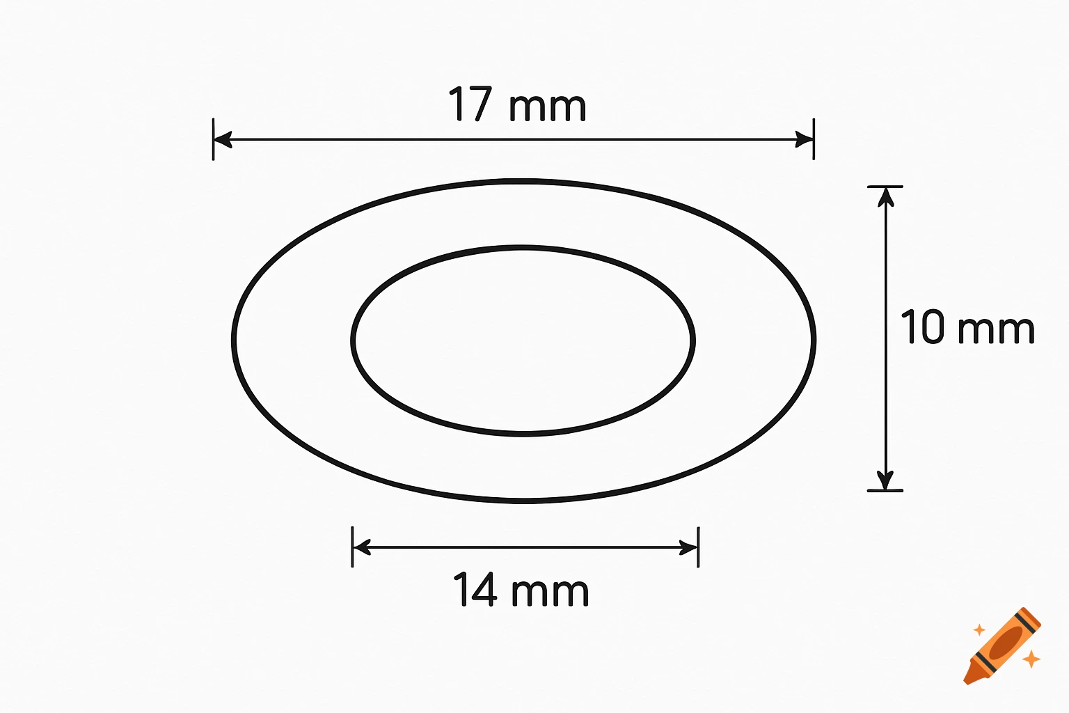 Black and white line drawing of two concentric ovals with dimensions 17mm x 10mm for the large oval and 14mm for the small oval's length.