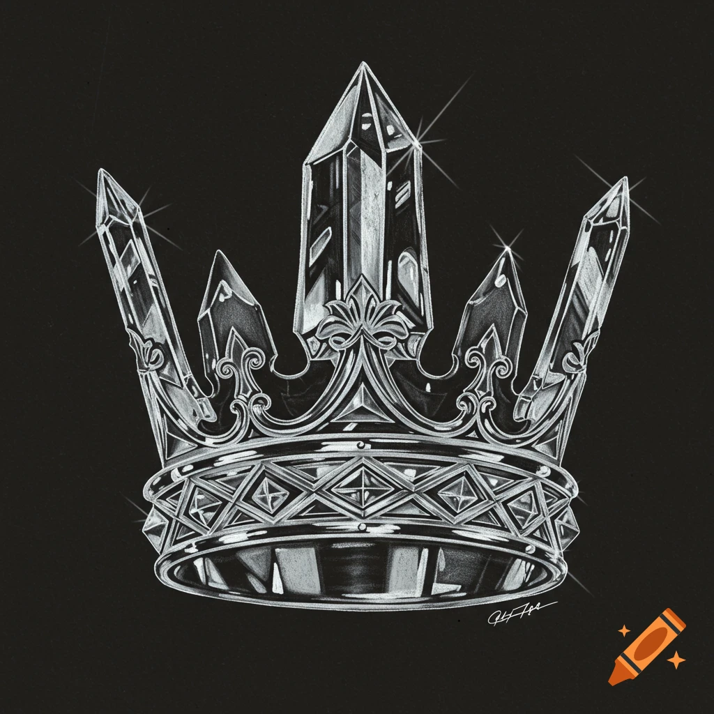A detailed monochrome illustration of a crown made from sharp, faceted crystals on a black background.