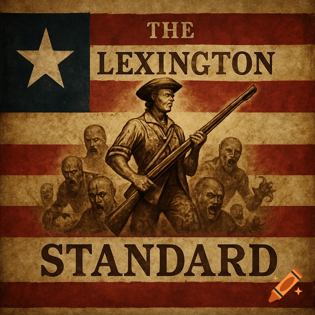 A distressed, vintage-style image of a militiaman with a rifle against an American flag, surrounded by zombies, text reads 'THE LEXINGTON STANDARD'.