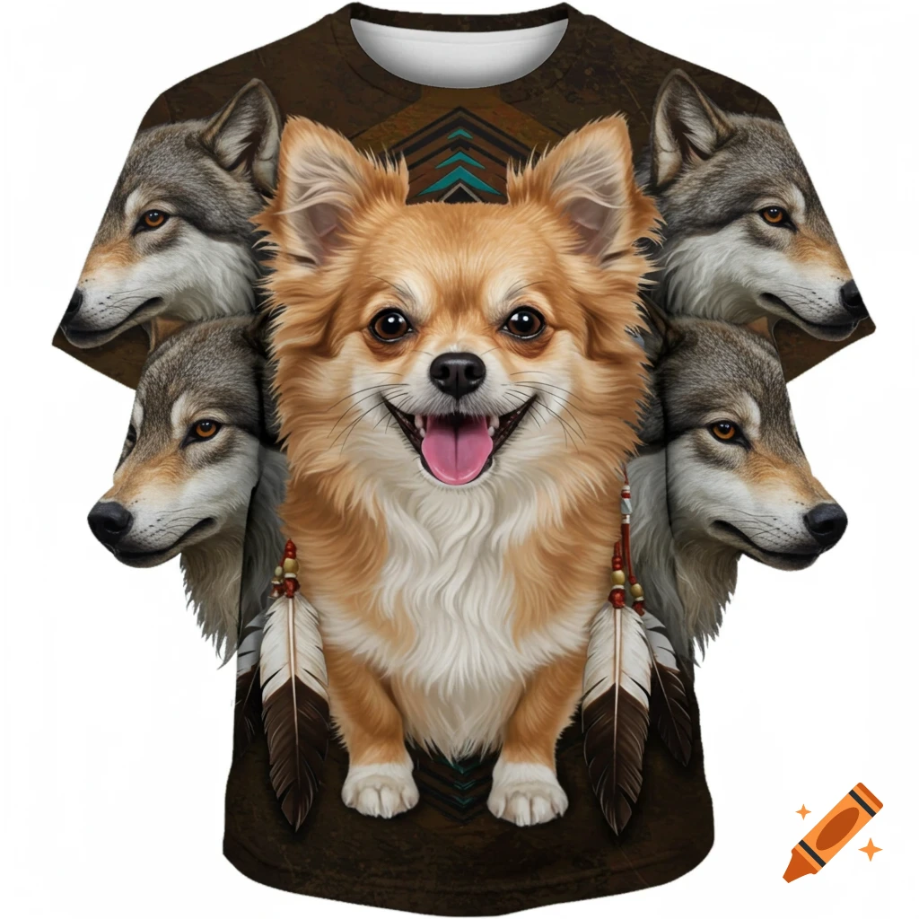 A fawn-colored long-haired chihuahua with tongue out, surrounded by four wolf heads, on a brown t-shirt with Native American patterns.