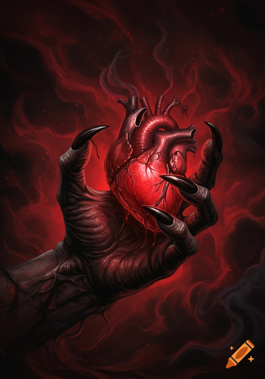 A dark, clawed demon's hand clutches a vibrant, glowing red human heart against a smoky red background, in a gothic fantasy style.