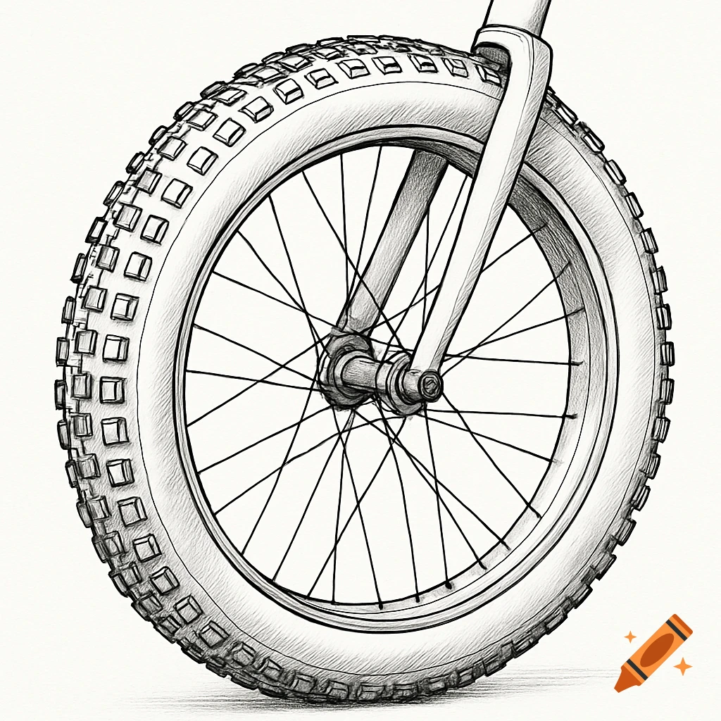A detailed black and white sketch of a fat tire bicycle wheel, showing the tire treads, spokes, hub, and part of the front fork, against a plain white background.