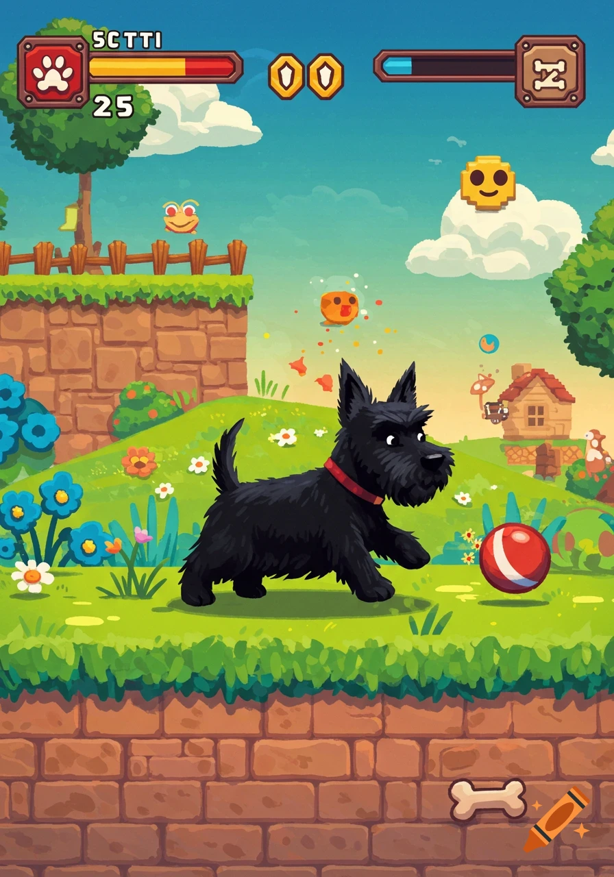 A black Scottie dog plays with a red ball in a colorful, pixel-art style video game landscape with UI elements like a health bar and score.