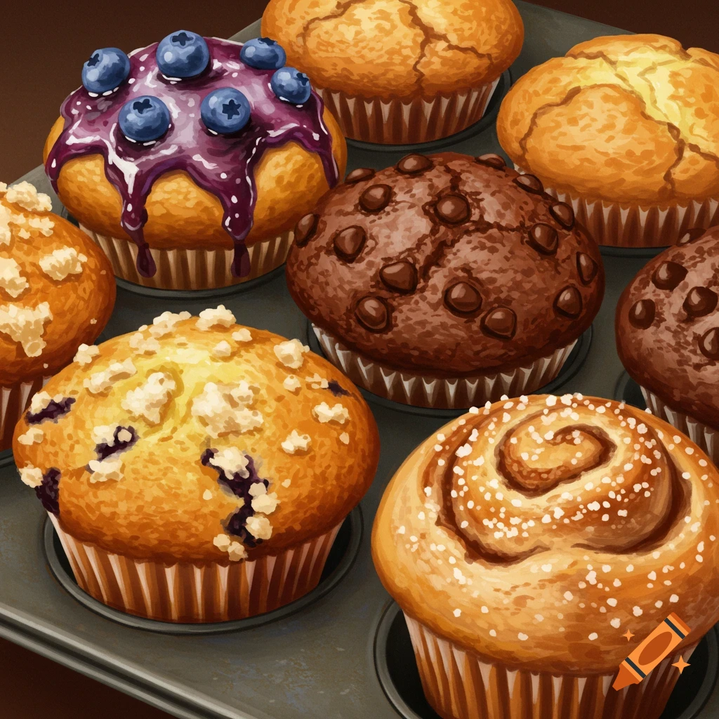 A close-up illustration of assorted muffins including blueberry, chocolate chip, and cinnamon rolls in a baking tin.