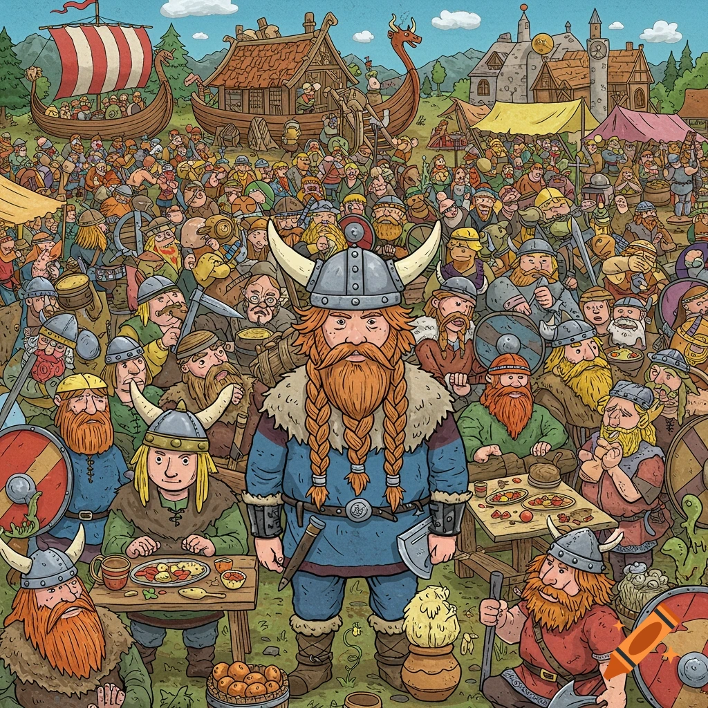 A detailed, Where's Waldo-style cartoon illustration of a large crowd of Vikings in a bustling village setting.