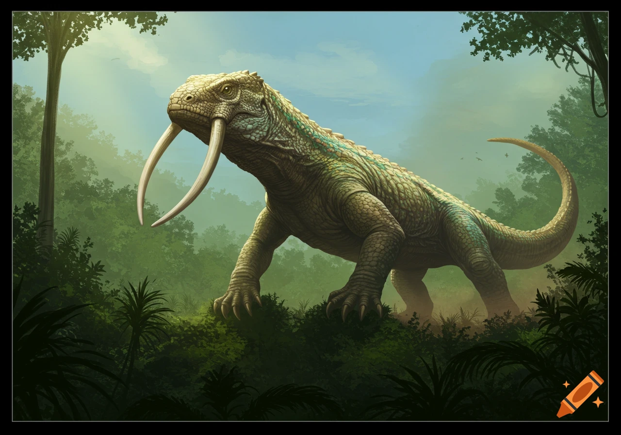 A large, green lizard-like creature with long tusks walks through a lush, misty jungle.