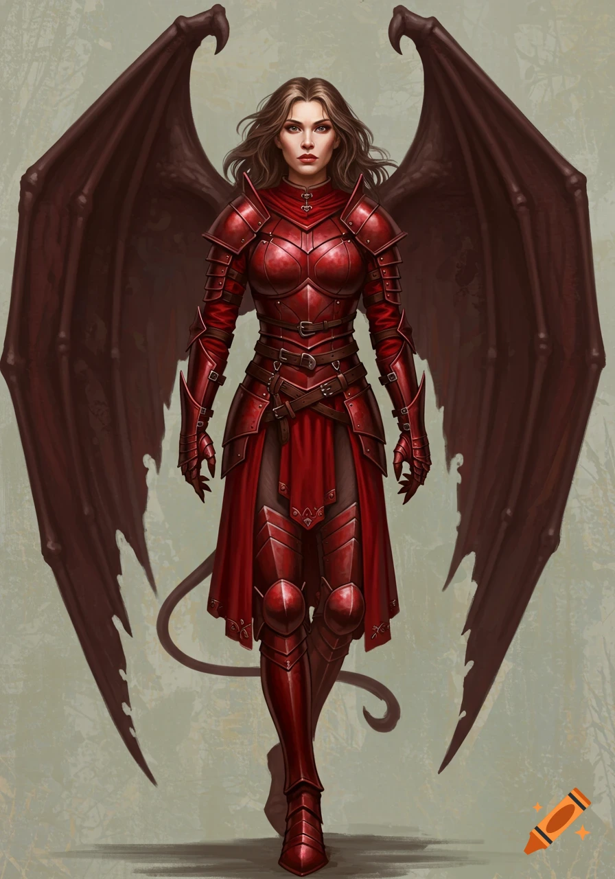 A full body painting of a woman in red armor with large bat wings and a tail.