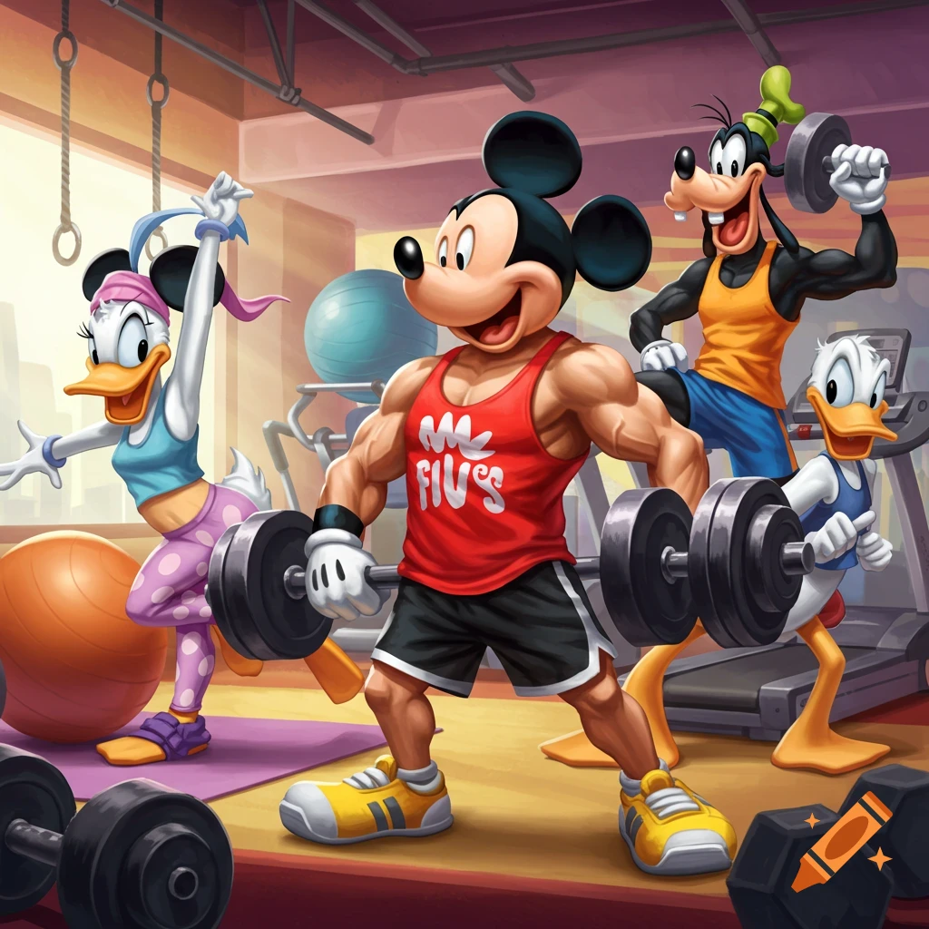 Mickey Mouse, Daisy Duck, Goofy, and Donald Duck working out in a gym. Mickey is buff and lifting weights.