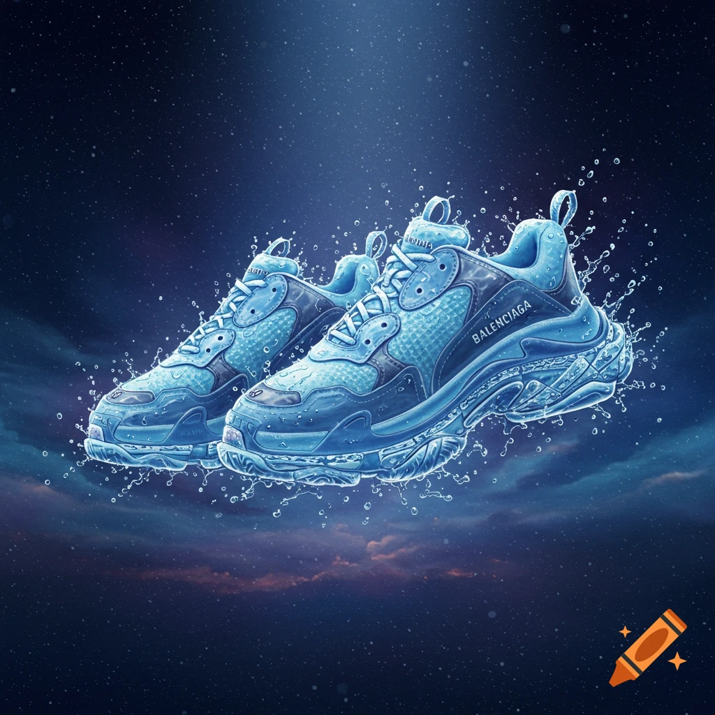 Two light blue Balenciaga sneakers made of water, splashing and floating in a dark, starry sky.