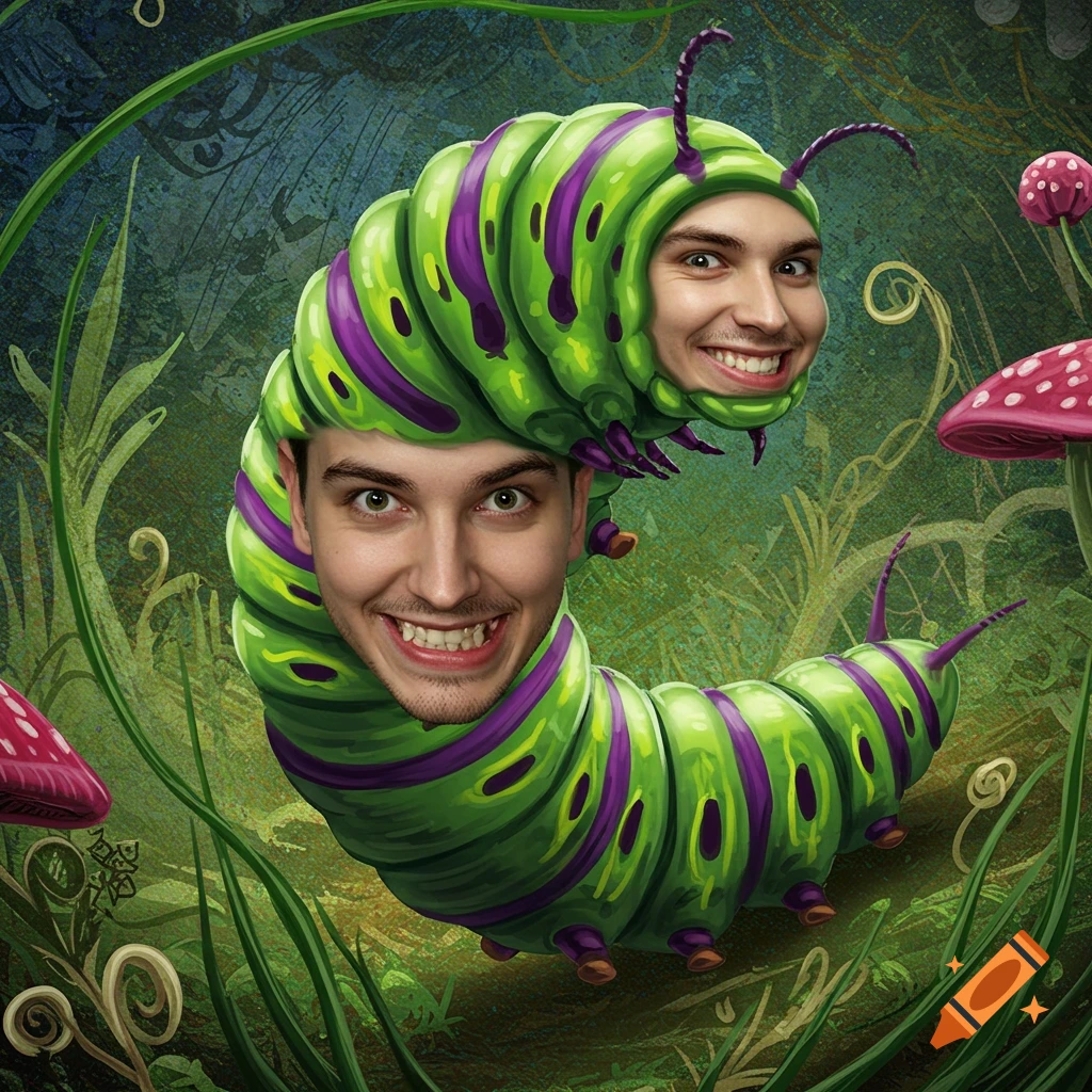 A whimsical green and purple caterpillar with two smiling human faces integrated into its segmented body, surrounded by stylized forest foliage and pink mushrooms.
