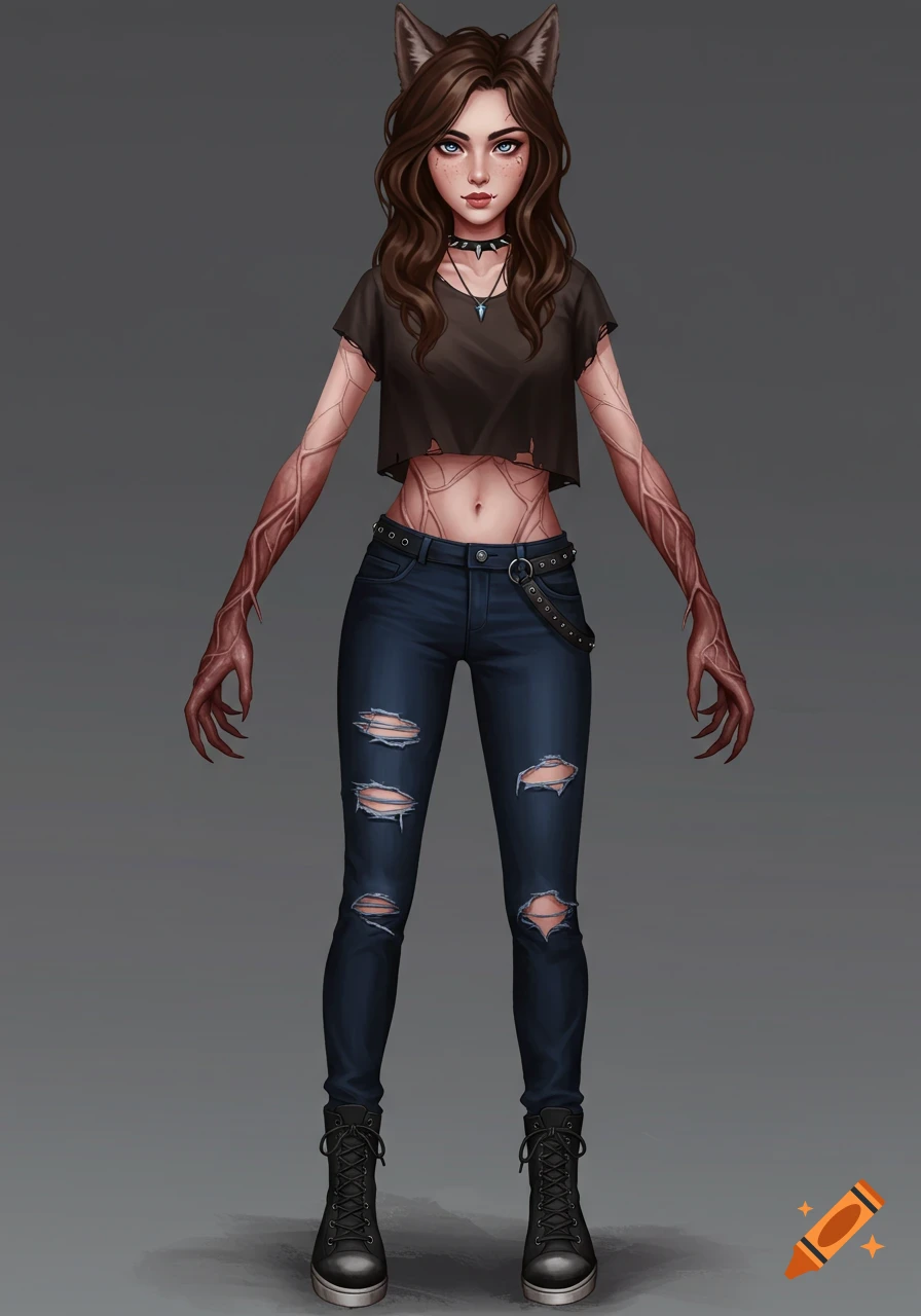 A full-body digital illustration of a young woman with brown hair, blue eyes, wolf ears, and veiny arms. She wears a torn crop top, ripped jeans, and combat boots.