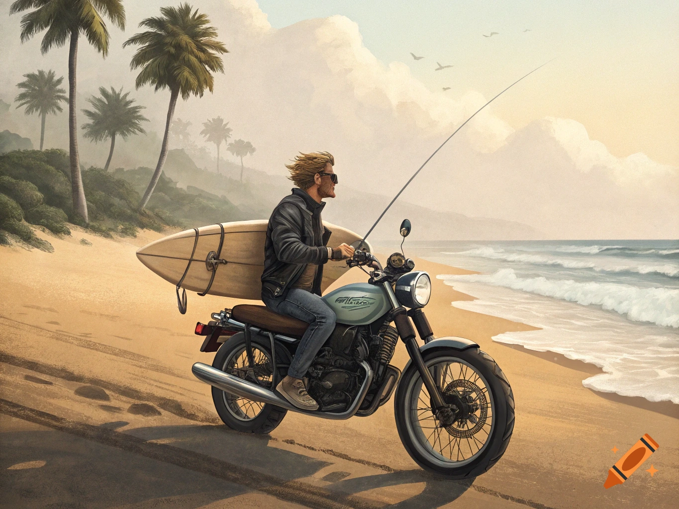 Man riding a motorcycle on a sandy beach with a surfboard and fishing rod strapped to the back, under a clear sky.