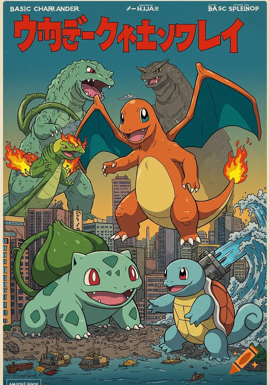 A retro-style poster of giant Pokemon and kaiju monsters towering over a city, with Bulbasaur, Charmander, and Squirtle at the forefront.