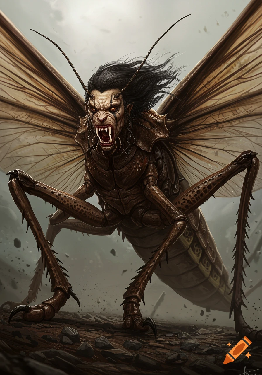 A monstrous, winged insect creature with a fierce human face, sharp ...