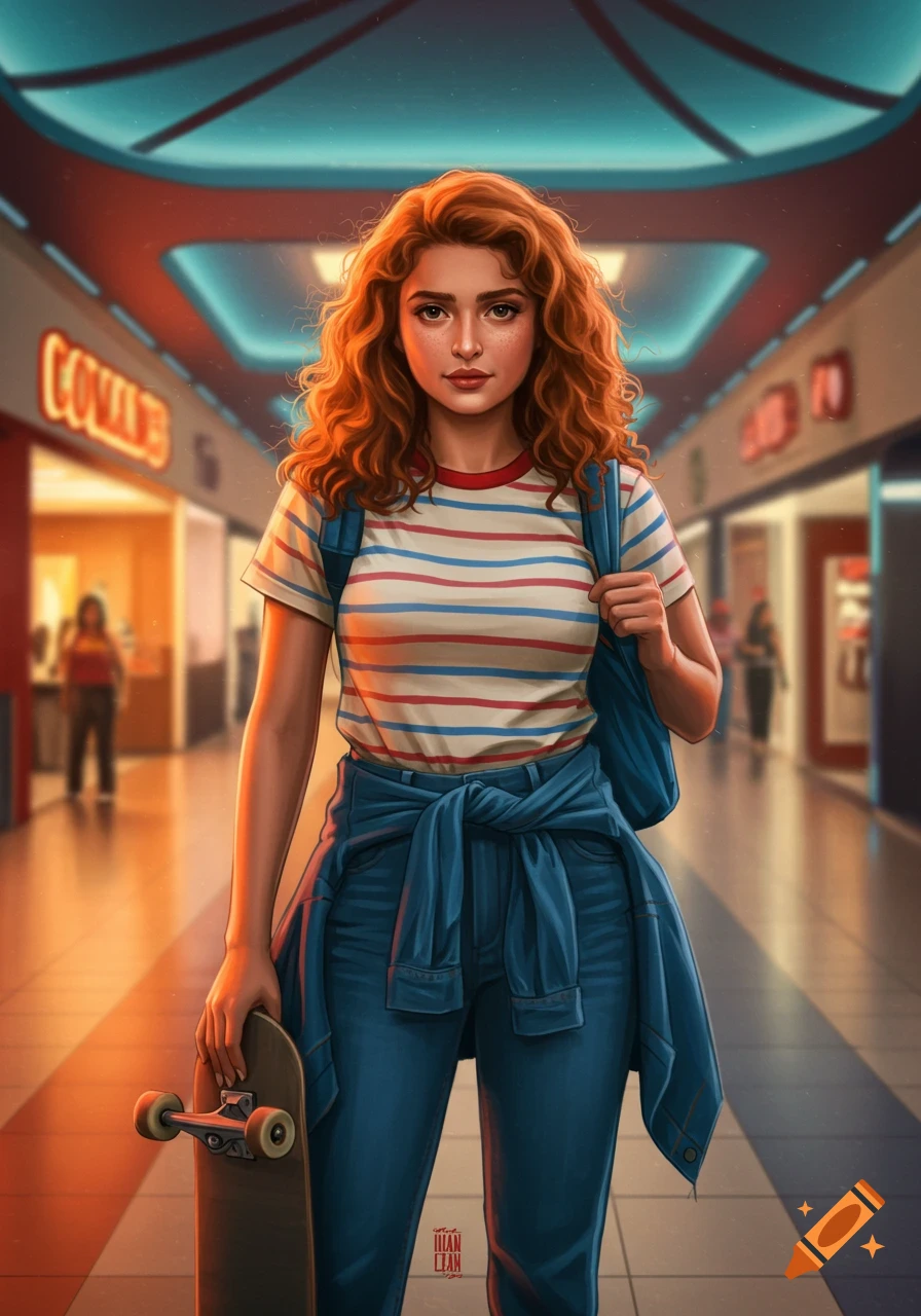 A young woman with wavy red hair in a striped t-shirt and jeans holds a skateboard in a retro shopping mall.