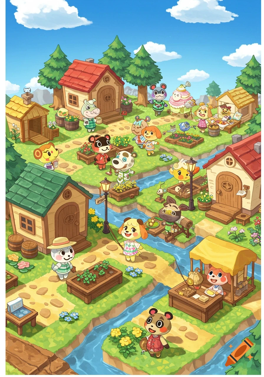 A cheerful, detailed illustration of an Animal Crossing-style village with various animal villagers, houses, gardens, and a river under a blue sky.