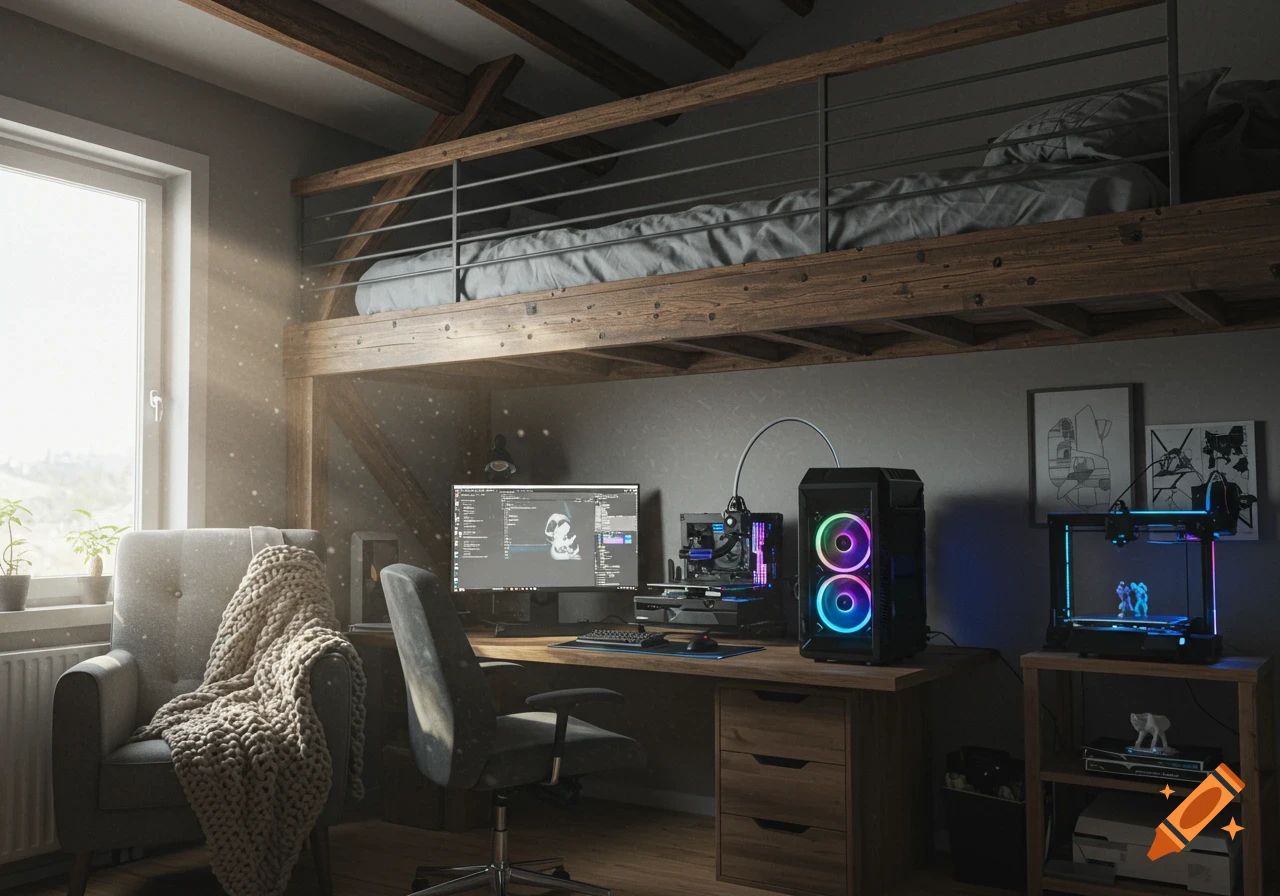 A cozy loft bedroom with a wooden bunk bed above a desk featuring a gaming PC with RGB lights, a monitor, and a 3D printer. Sunlight streams through the window.