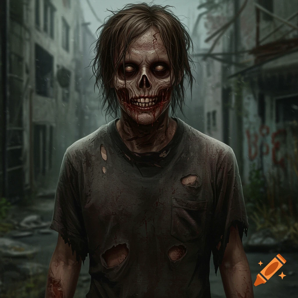 A haunting close-up of a zombie with glowing eyes, decayed face, and torn, blood-splattered shirt, standing in a ruined, dark city.