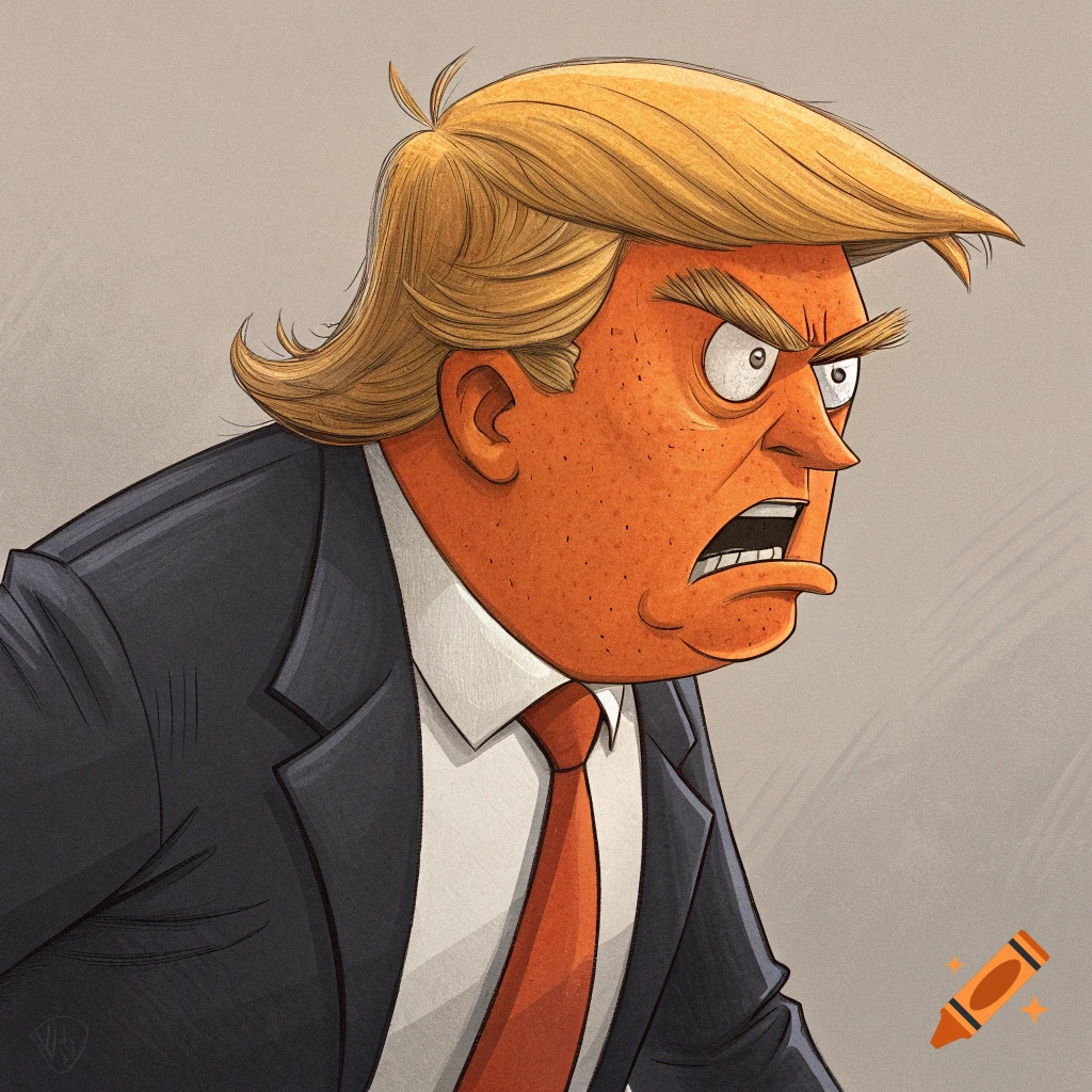 Cartoon caricature of Donald Trump with orange skin, blond hair, wearing a suit and red tie, with an angry expression.