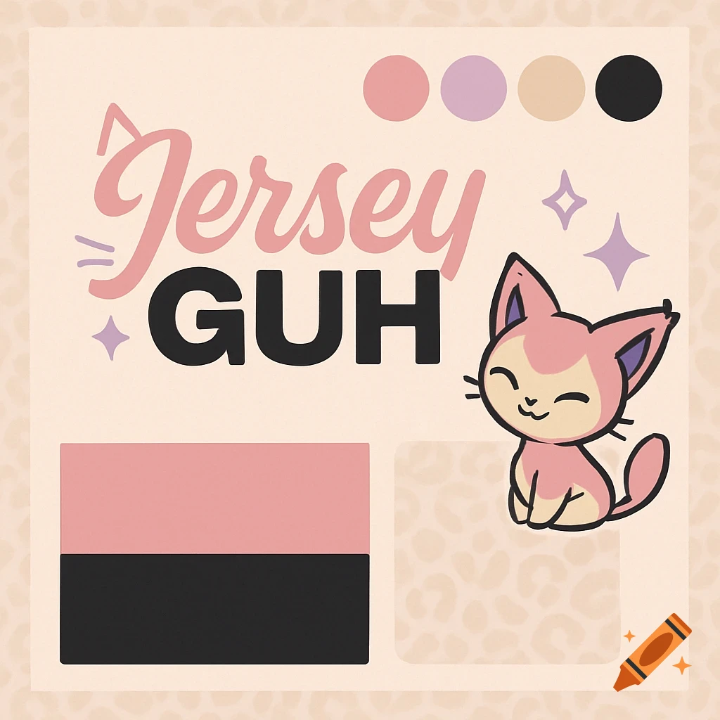 Playful logo and moodboard with 'Jersey GUH' text, a pink cat character, color swatches, and a leopard print background.