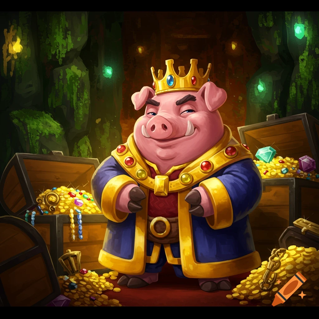 A smug, cartoonish pig king in a gold crown and blue robe stands among treasure chests overflowing with gold and gems in a dark cave.