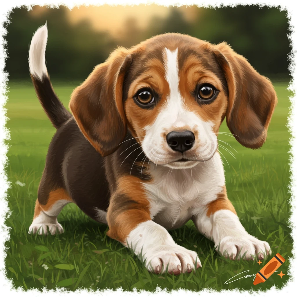A cute brown, white, and tan puppy sits in green grass outdoors, looking forward.