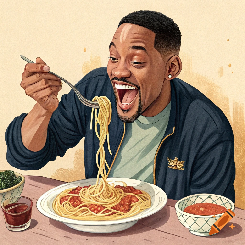 An illustration of a joyful Will Smith enthusiastically eating a large forkful of spaghetti with red sauce at a table.
