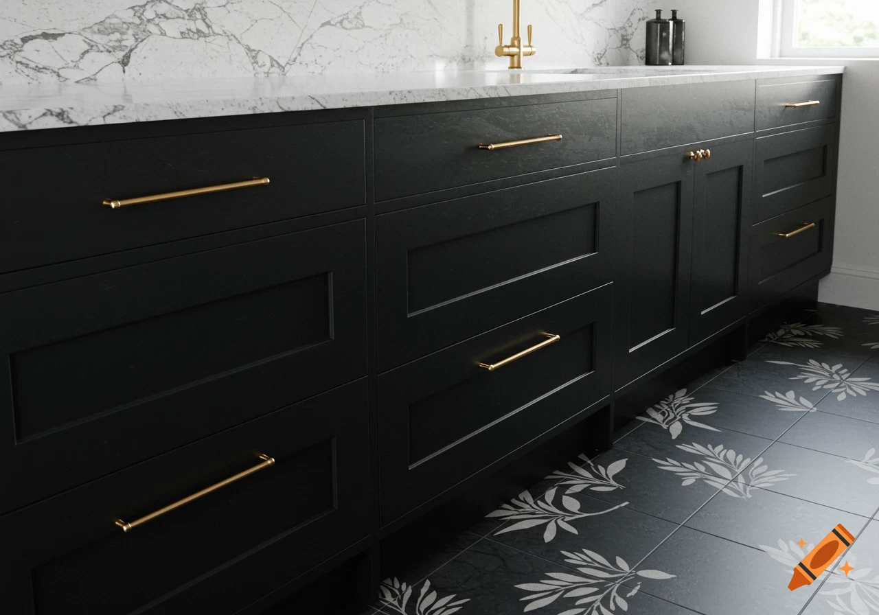 Modern kitchen featuring black cabinets, gold hardware, white marble countertops, and a black tiled floor with a sparse floral design.