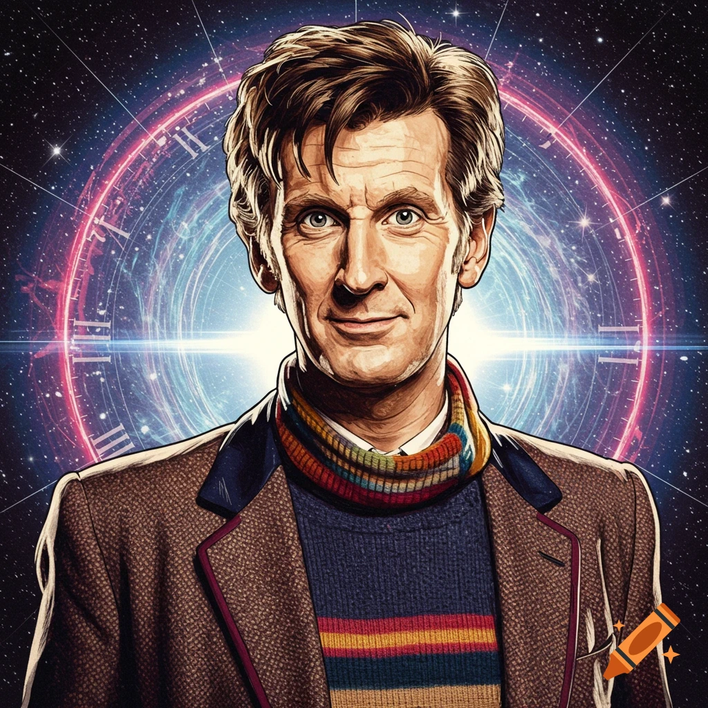 A stylized portrait of the Eleventh Doctor from Doctor Who, in a tweed jacket and colorful scarf, against a glowing time vortex in space.