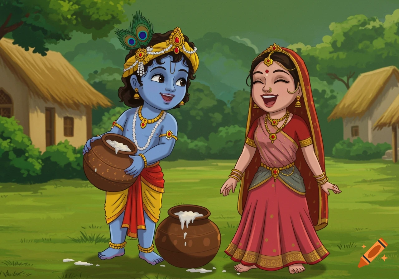 A cartoon of young Krishna holding a pot of butter as Radha laughs beside him in a green village setting.