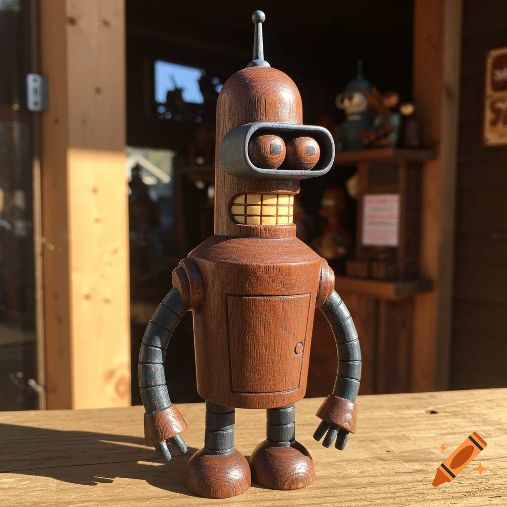 A photorealistic wooden figurine of Bender from Futurama standing on a wooden surface outdoors.