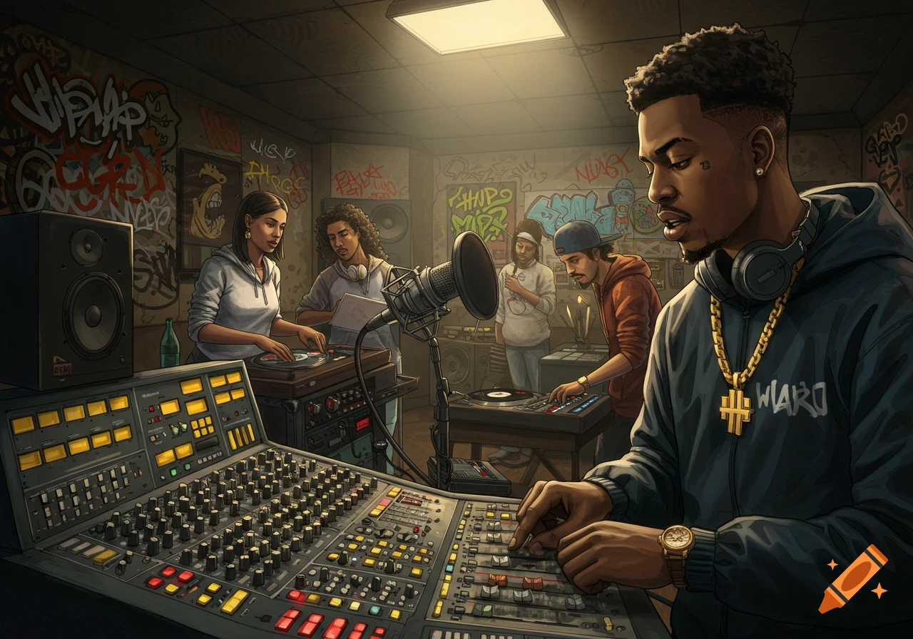 A diverse group of people in a vibrant, graffiti-covered hip hop recording studio, actively mixing music on soundboards and turntables.